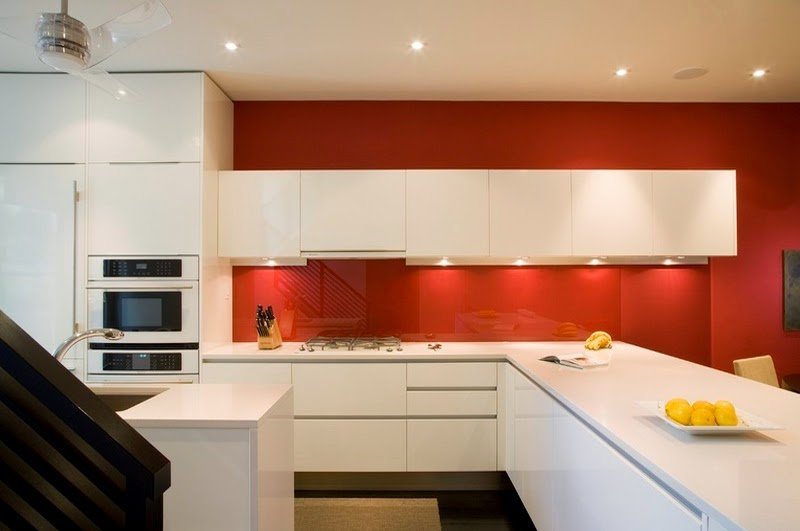 modern kitchen with white acrylic kitchen cabinets