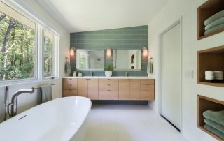 Bathroom feature wall lake view wallpaper ideas